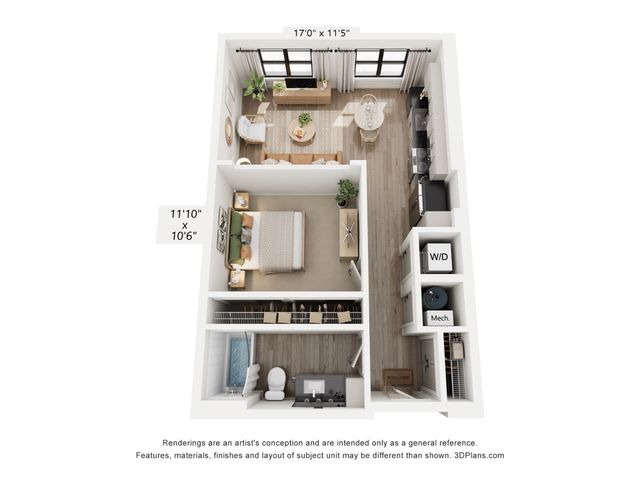 Charming 3D floor plan showcasing a cozy one-bedroom apartment with a spacious living room, modern kitchen, and stylish bathroom.