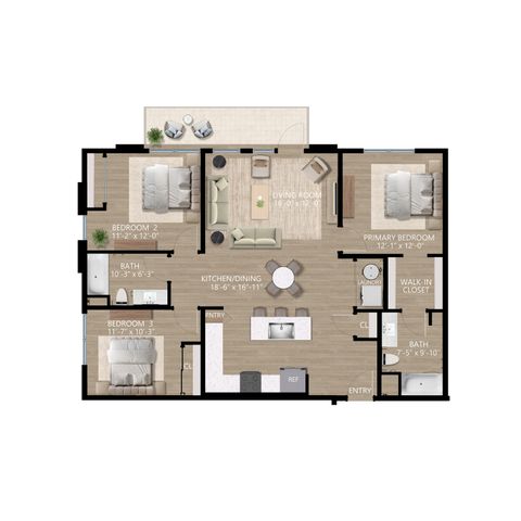 Contemporary floor plan showcasing 3 bedrooms, spacious living room, and open kitchen/dining area with balcony access.