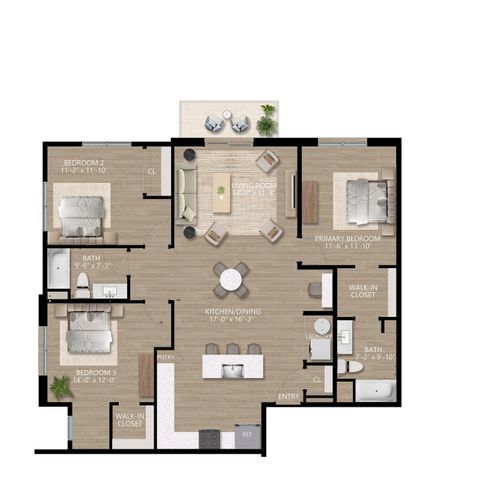 Modern open-concept floor plan featuring 3 spacious bedrooms, elegant living room, and expansive kitchen/dining area with island seating.