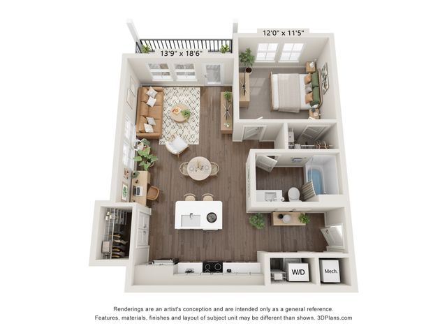 Charming 1-bedroom apartment floor plan featuring a cozy living room, modern kitchen, and private balcony with ample natural light.