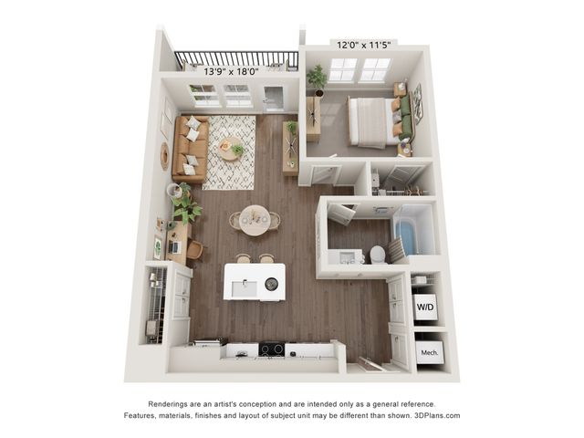 Modern 3D apartment floor plan featuring 1 bedroom, a cozy living room, a stylish kitchen, and a spacious balcony.