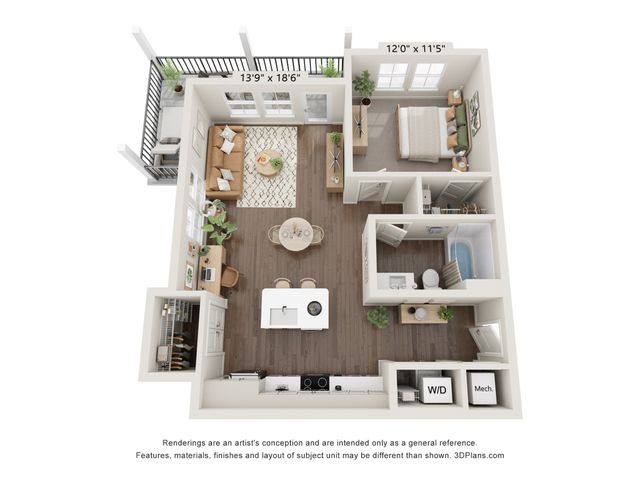 Elegant 3D floor plan showcasing a spacious 1-bedroom apartment with an open-concept living area, modern kitchen, and balcony access.