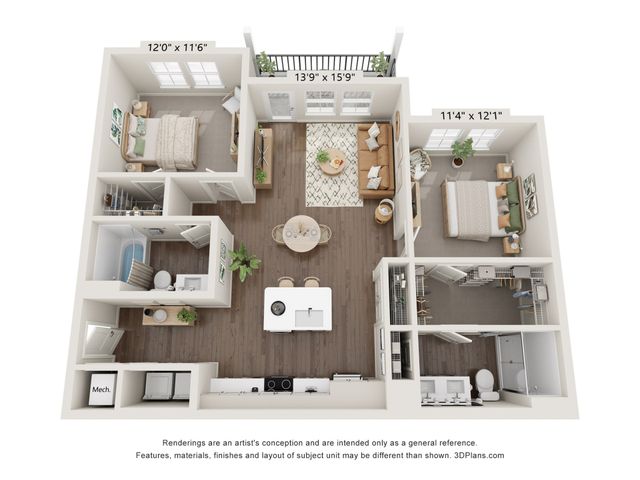 Modern 3D floor plan featuring 2 spacious bedrooms, open-concept living area, and sleek kitchen with island seating, complete with dual bathrooms and a cozy balcony.