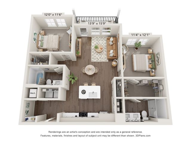 Inviting 3D floor plan showcasing 2 bedrooms, a spacious living room, modern kitchen, and balcony, perfect for contemporary living.