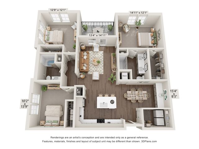 Elegant 3D floor plan showcasing 3 bedrooms, a sophisticated open kitchen, and a stylish living room with a cozy ambiance.