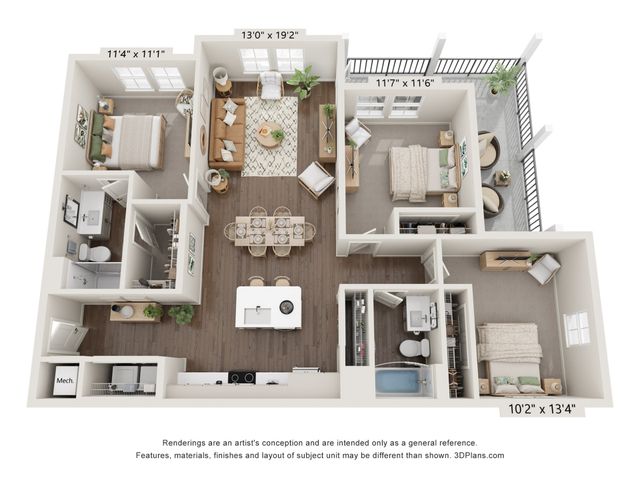Elegant 3D floor plan showcasing 2 spacious bedrooms, a stylish open-concept living and dining area, modern kitchen, and inviting balcony, perfect for contemporary living.
