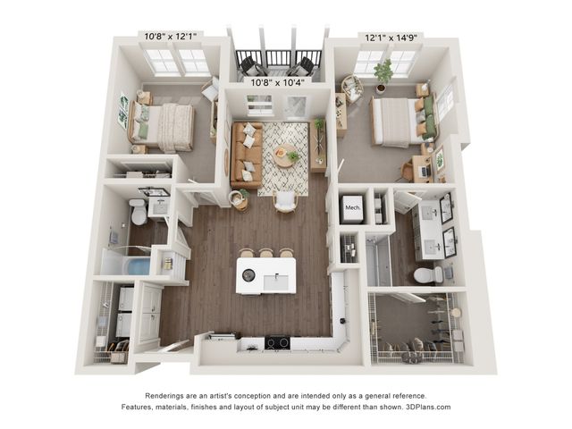 Modern and inviting 3D floor plan showcasing 2 spacious bedrooms, an elegant open-plan living area, and a sleek kitchen with an island bar, perfect for contemporary living.