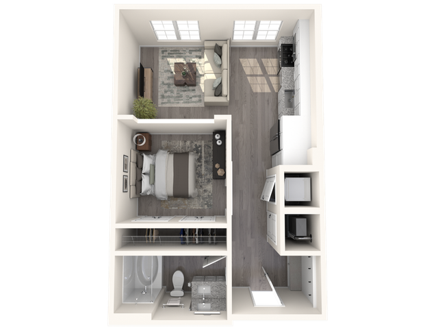 Modern 1-bedroom apartment floor plan with spacious living area, sleek kitchen, and contemporary bathroom design.