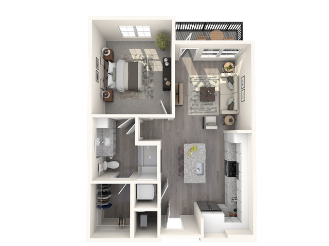 Chic 1-bedroom apartment layout with modern kitchen, cozy living room, and private balcony.