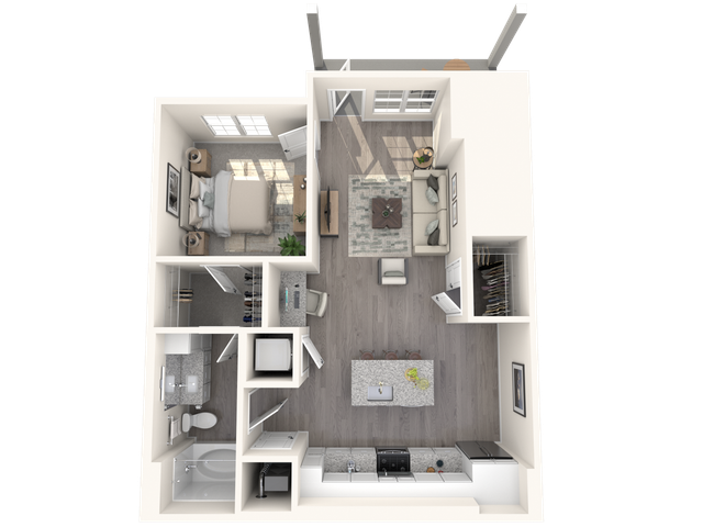 Chic 3D floor plan displaying an inviting one-bedroom apartment with a modern open-concept living area, sleek kitchen, and spacious bathroom.