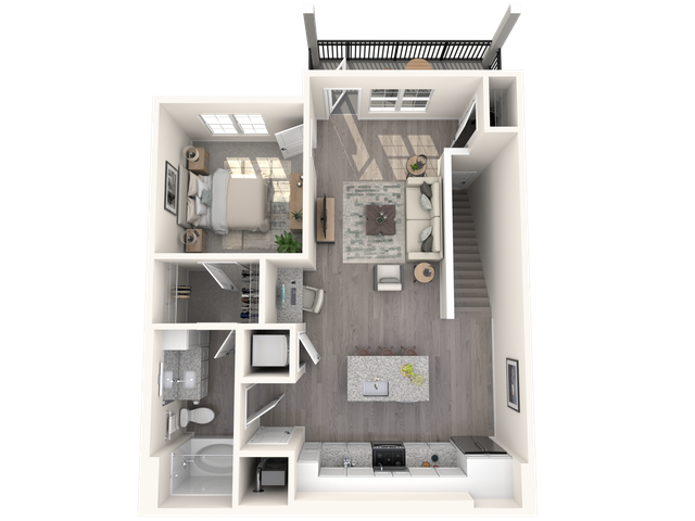Elegant 3D floor plan showcasing a modern apartment with one bedroom, a stylish living room, cozy kitchen, and private balcony.