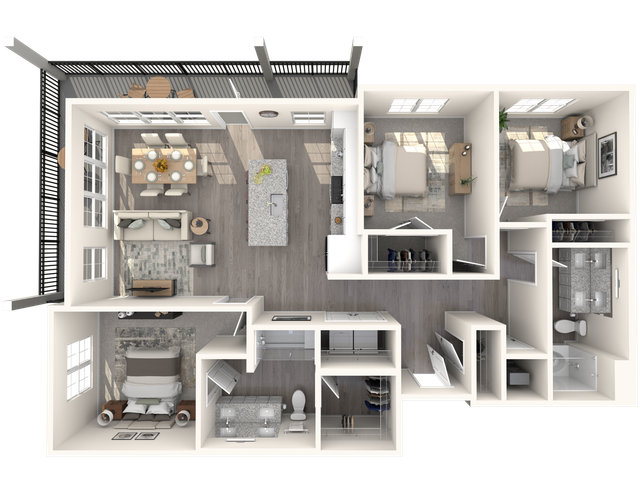 Bright and spacious 3D floor plan with three bedrooms, modern kitchen, cozy living and dining area, and two stylish bathrooms.