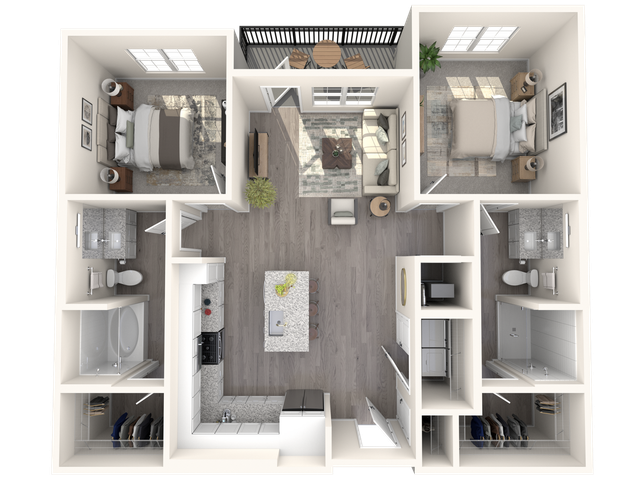 Modern floor plan showcasing 2 bedrooms, open kitchen with island, and cozy living area with balcony access.
