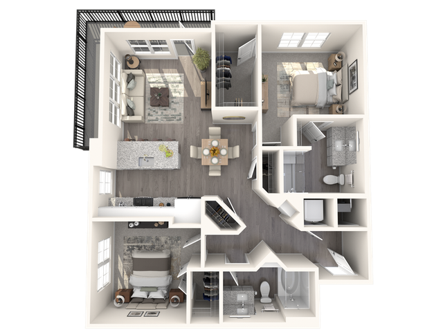 Modern 3D floor plan featuring 2 bedrooms, 2 bathrooms, open living area, and stylish kitchen with island.