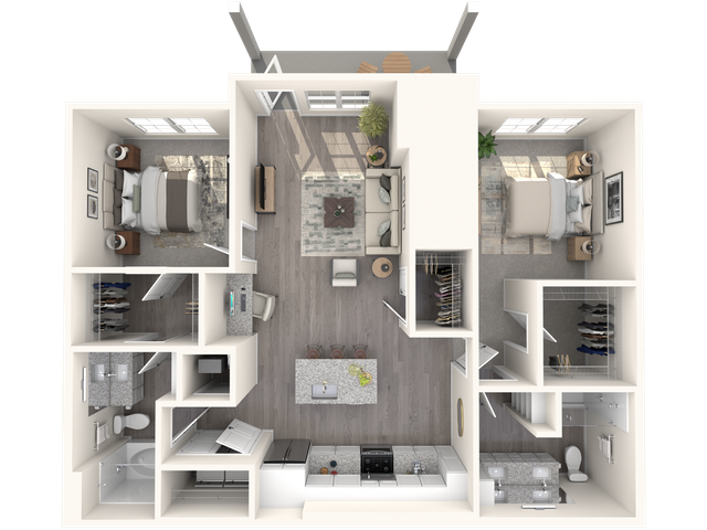 Modern 2D floor plan with two spacious bedrooms, open-concept living room, sleek kitchen with island, and two elegant bathrooms.