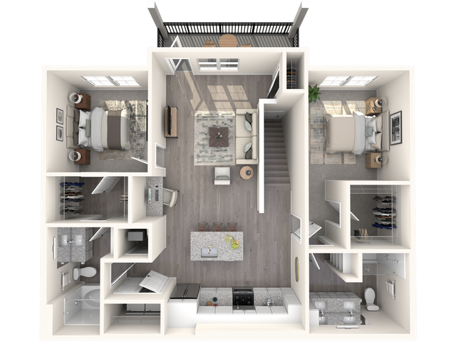 Modern 3D floor plan showcasing two spacious bedrooms, open-concept living and kitchen area, stylish bathrooms, and a private balcony.