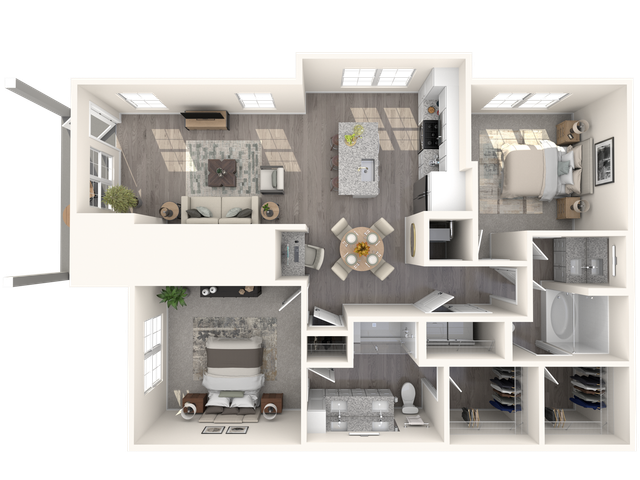 Expansive 3D floor plan showcasing 2 bedrooms, a modern kitchen, and a cozy living room with natural light. Includes two bathrooms and ample storage space for comfortable living.