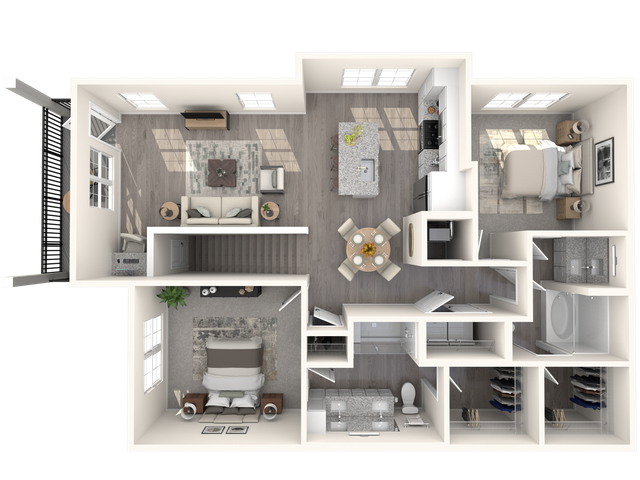 Modern 2D floor plan showcasing two luxurious bedrooms, open-concept living and dining area, gourmet kitchen with island, and stylish bathrooms. Ample closet space and natural light enhance the layout.