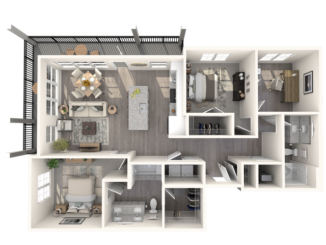 Elegant 3D floor plan showcasing a modern apartment with 2 bedrooms, an open kitchen with a breakfast bar, spacious living area, and a stylish outdoor patio.