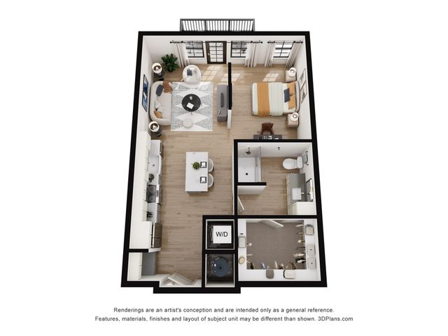 Modern 3D floor plan displaying a cozy one-bedroom apartment with open-plan living area, elegant kitchen, and stylish bathroom.