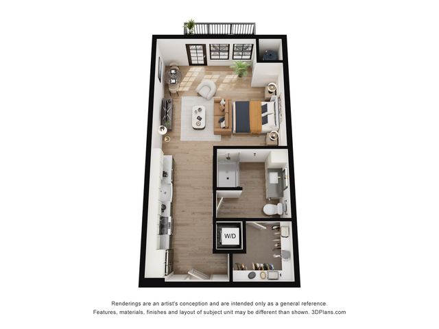 Modern 1-bedroom apartment floor plan with an elegant open-concept living area, well-equipped kitchen, and a private balcony.