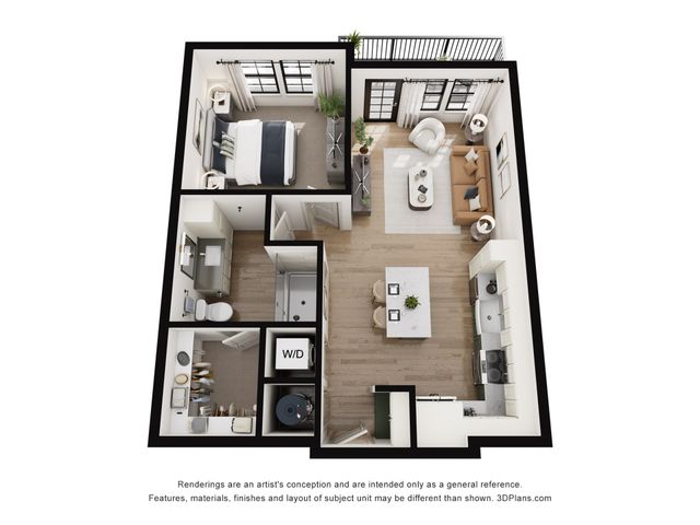 Contemporary 3D floor plan showcasing a stylish open-concept space with one bedroom, a cozy living area, modern kitchen, and balcony access.