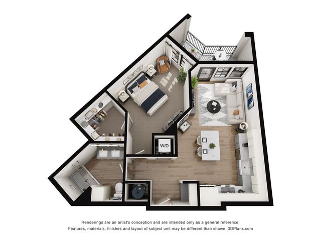 Modern 3D floor plan showcasing a stylish 1-bedroom apartment with an open-concept living room, sleek kitchen, and cozy balcony space.