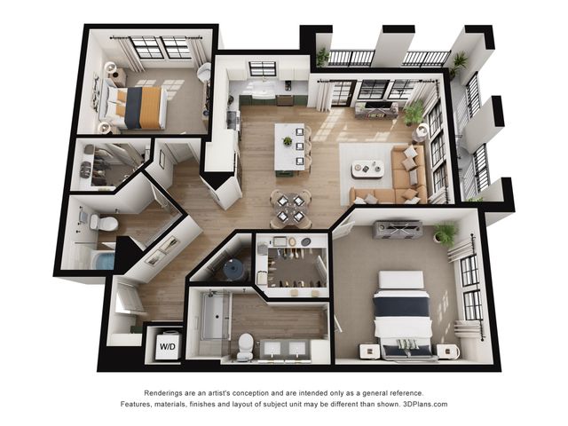 Modern 3D floor plan showcasing 2 spacious bedrooms, an open-concept living and dining area, and a sleek kitchen with ample natural light.