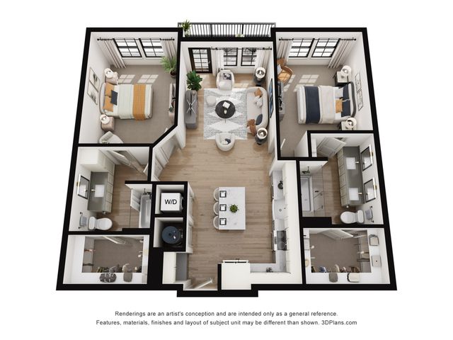 Elegant 3D floor plan with two spacious bedrooms, a modern open-plan kitchen, cozy living room, and two bathrooms. Natural light floods through large windows, highlighting stylish interiors.