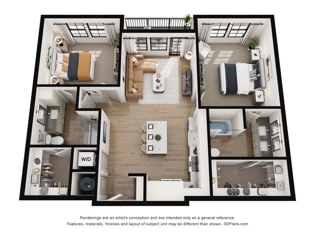 Modern 3D floor plan showcasing 2 bedrooms, a cozy living area, and a sleek kitchen with island. Includes two chic bathrooms, in-unit washer and dryer, and ample closet space, perfect for stylish urban living.