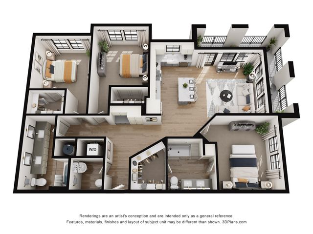 Elegant 3D floor plan showcasing a modern layout with three bedrooms, an open living area, stylish kitchen, and two bathrooms, offering abundant natural light and sophisticated design.