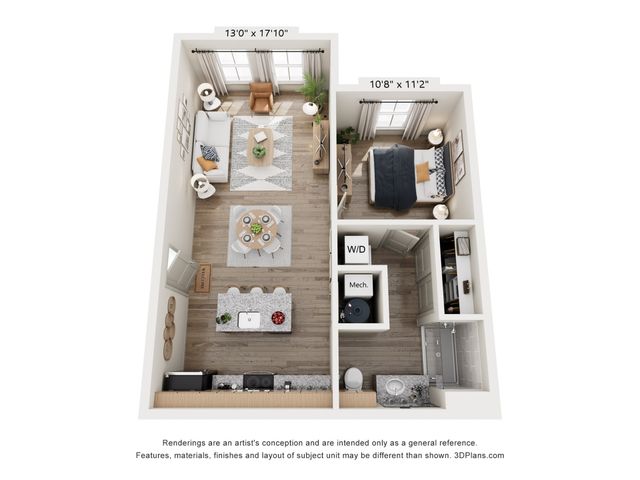 Inviting 3D floor plan featuring a modern open-concept living and dining area, cozy bedroom, and a functional kitchen with island. Includes in-unit laundry for added convenience.