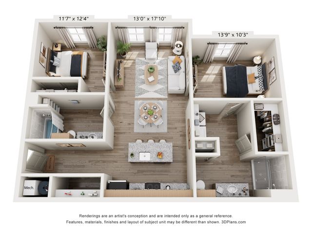 Elegant 3D floor plan showcasing two cozy bedrooms, an inviting open-concept living and dining area, and a modern kitchen with an island. Bright, airy, and perfect for contemporary living.