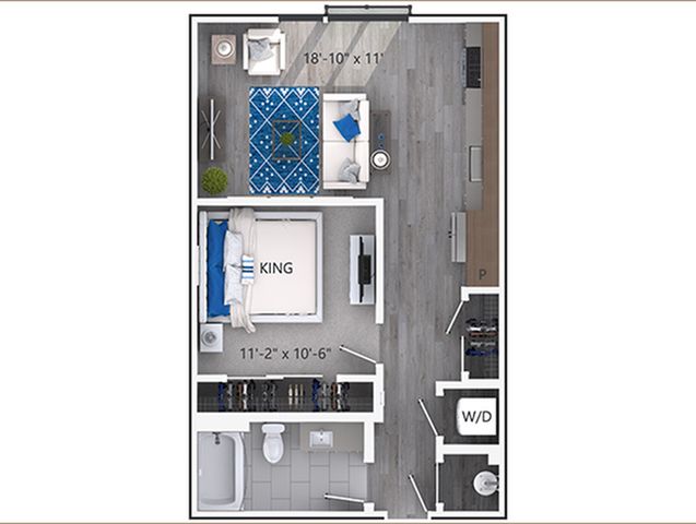 Chic 1-bedroom apartment floor plan featuring a cozy living area, modern kitchen, and convenient bathroom layout with washer/dryer space.