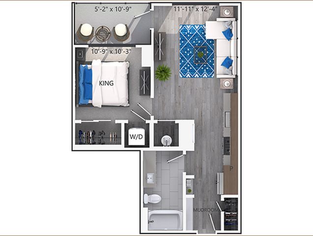 Contemporary floor plan featuring a king bedroom, open living area with stylish d&eacute;cor, modern kitchen, and spacious bathroom.