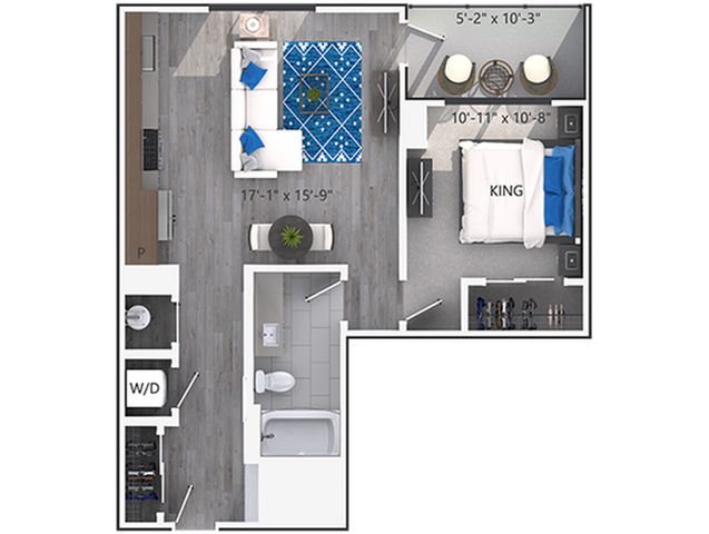 Modern floor plan featuring a spacious living room with stylish furnishings, a king-size bedroom, a functional kitchen, and a well-designed bathroom with laundry area.
