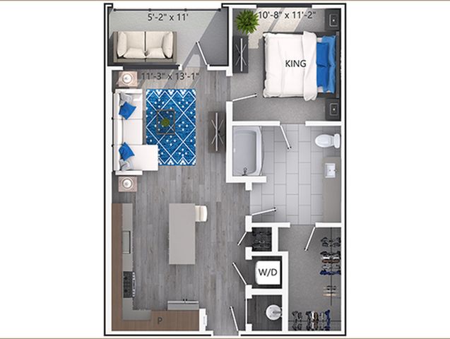 Modern 1-bedroom apartment floor plan with open-concept living, stylish kitchen island, and spacious bathroom.