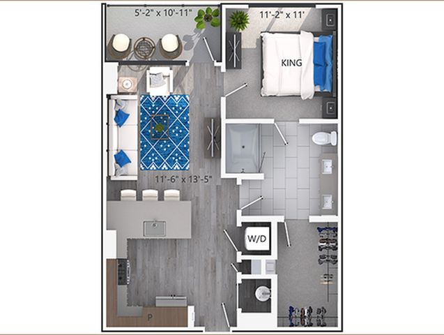 Modern apartment floor plan showcasing a spacious living room, stylish kitchen with bar seating, king-size bedroom, and elegant bathroom. Includes a laundry area with washer and dryer, and a roomy walk-in closet.