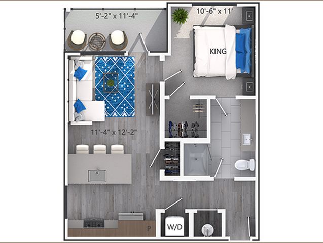 Modern 2D floor plan featuring a king-sized bedroom, open-concept living and dining area, stylish kitchen, and in-unit washer/dryer.
