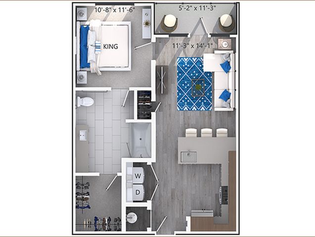 Contemporary 1-bedroom floor plan with a king-sized bedroom, open-concept kitchen, and inviting living area, complete with modern amenities.