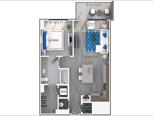 Modern floor plan showcasing 1 bedroom with king bed, open living area, elegant kitchen, and cozy balcony.
