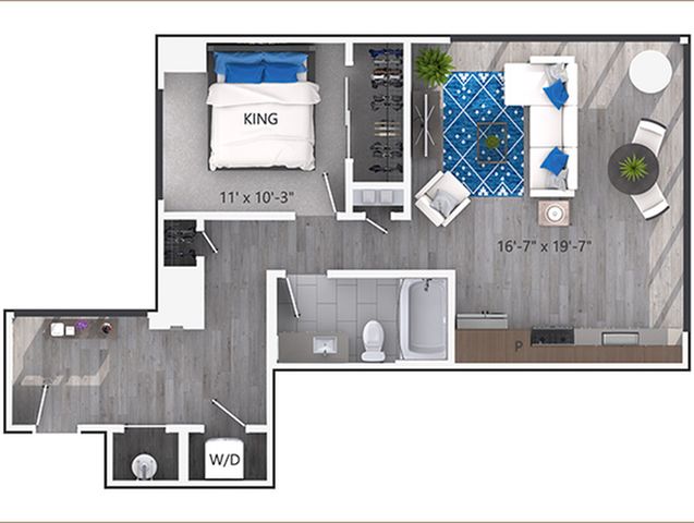 Modern floor plan showcasing a spacious one-bedroom apartment with a king-size bed, a stylish open living area, a fully equipped kitchen, and a luxurious bathroom.