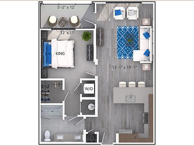 Elegant floor plan showcasing a spacious one-bedroom apartment with an open-concept living area, modern kitchen, and cozy balcony. Perfect for contemporary urban living.