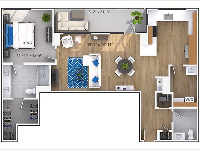 Modern apartment floor plan with a king-sized bedroom, spacious living area, stylish open-concept kitchen, and elegant bathroom. Bright balcony space complements the layout, ideal for comfortable living.