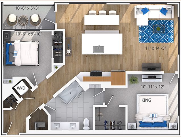 Modern floor plan showcasing a spacious layout with 2 bedrooms, open-concept living and dining area, streamlined kitchen, and luxurious bathroom.