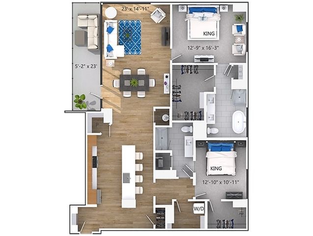 Modern floor plan with two king-sized bedrooms, spacious open-concept living and dining areas, sleek kitchen, and two luxurious bathrooms.