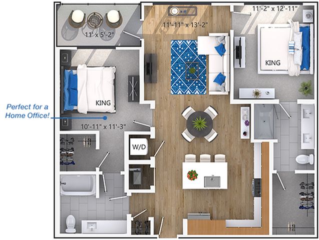 Modern apartment floor plan featuring two king bedrooms, an open-concept living area with stylish decor, and a fully equipped kitchen. Includes a balcony perfect for a home office, and spacious bathroom with upgraded fixtures.