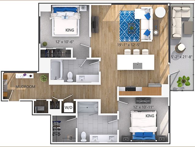 Modern 2D floor plan displaying a stylish apartment with 2 king bedrooms, spacious open-concept living and dining area, full kitchen, two bathrooms, mudroom, and a cozy outdoor balcony.