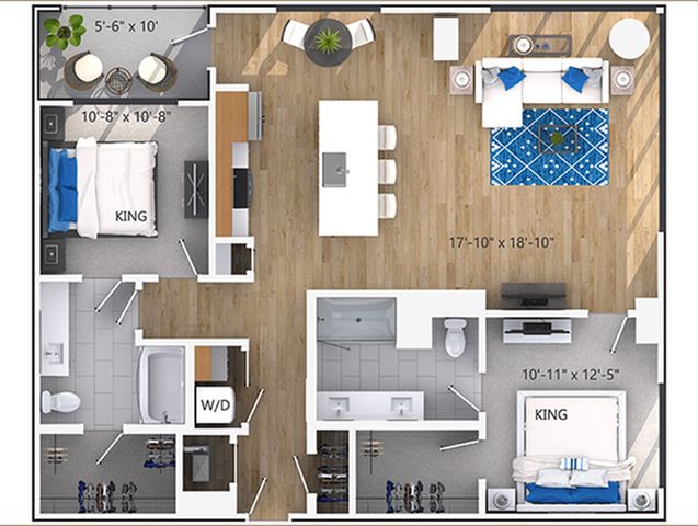Modern 2-bedroom apartment floor plan with open-concept living area, spacious kitchen, and stylish layout.