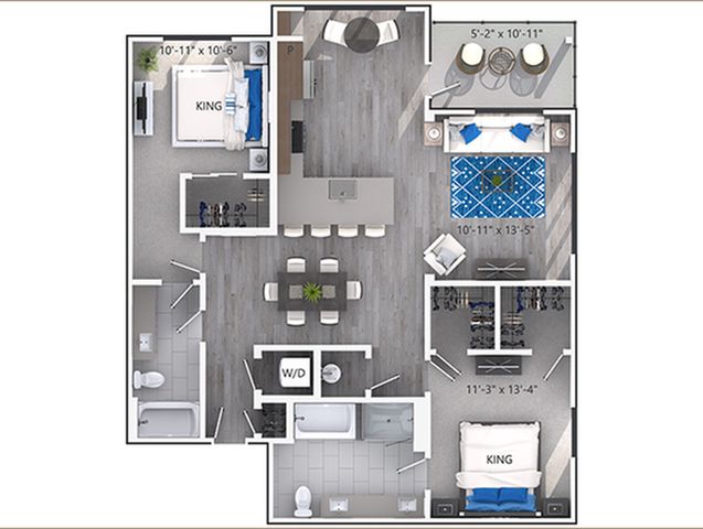 Modern 2D floor plan showcasing luxurious 2-bedroom layout with open-concept kitchen and living area, expansive windows, and stylish furnishings.
